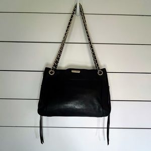 Rebecca Minkoff black leather purse with adjustable gold braid chain strap EUC